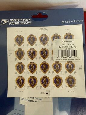 USPS Purple Heart Commemorative Self-Adhesive Stamp Sheet - Purple and Gold